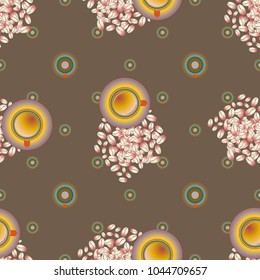 Cup of coffee or tea with dots on background seamless pattern.