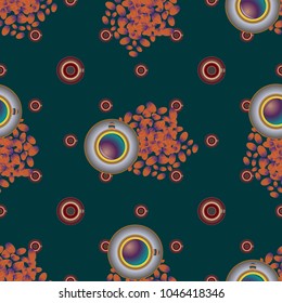 Cup of coffee or tea with dots on background seamless pattern.