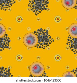 Cup of coffee or tea with dots on background seamless pattern.