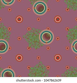 Cup of coffee or tea with dots on background seamless pattern.