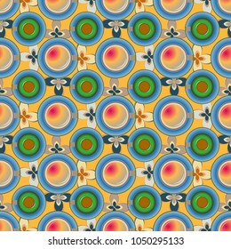 Cup of coffee or tea with dots on background seamless pattern.