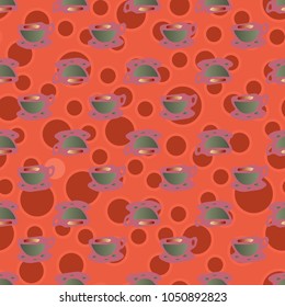 Cup of coffee or tea with dots on background seamless pattern.