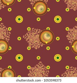 Cup of coffee or tea with dots on background seamless pattern.