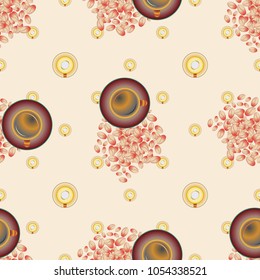 Cup of coffee or tea with dots on background seamless pattern.