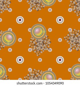 Cup of coffee or tea with dots on background seamless pattern.