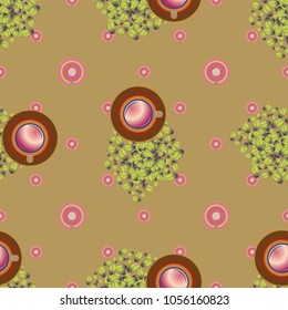 Cup of coffee or tea with dots on background seamless pattern.