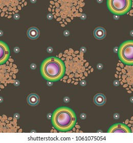 Cup of coffee or tea with dots on background seamless pattern.