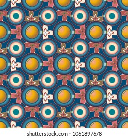 Cup of coffee or tea with dots on background seamless pattern.