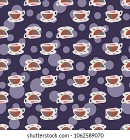 Cup of coffee or tea with dots on background seamless pattern.