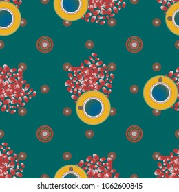 Cup of coffee or tea with dots on background seamless pattern.