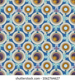Cup of coffee or tea with dots on background seamless pattern.