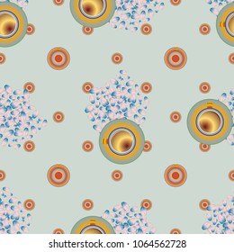 Cup of coffee or tea with dots on background seamless pattern.