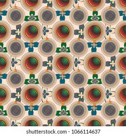 Cup of coffee or tea with dots on background seamless pattern.