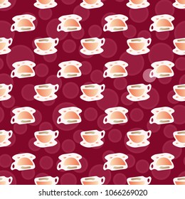 Cup of coffee or tea with dots on background seamless pattern.