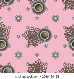 Cup of coffee or tea with dots on background seamless pattern.