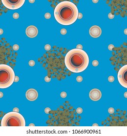 Cup of coffee or tea with dots on background seamless pattern.
