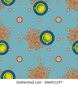 Cup of coffee or tea with dots on background seamless pattern.