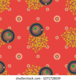Cup of coffee or tea with dots on background seamless pattern.