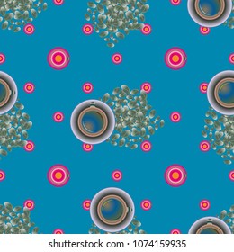 Cup of coffee or tea with dots on background seamless pattern.