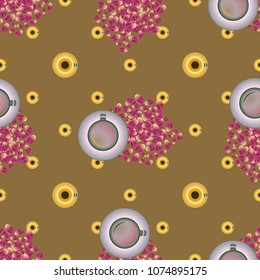 Cup of coffee or tea with dots on background seamless pattern.