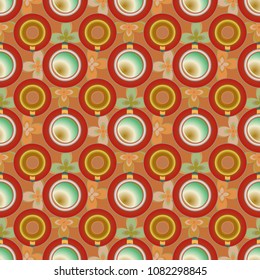 Cup of coffee or tea with dots on background seamless pattern.