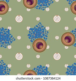 Cup of coffee or tea with dots on background seamless pattern.