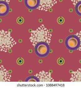 Cup of coffee or tea with dots on background seamless pattern.