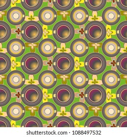 Cup of coffee or tea with dots on background seamless pattern.