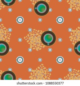 Cup of coffee or tea with dots on background seamless pattern.