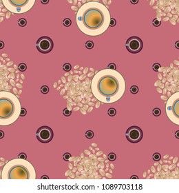 Cup of coffee or tea with dots on background seamless pattern.