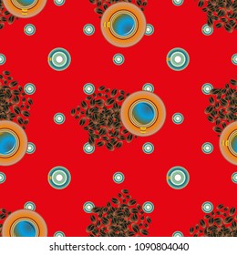 Cup of coffee or tea with dots on background seamless pattern.