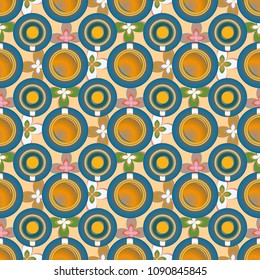 Cup of coffee or tea with dots on background seamless pattern.