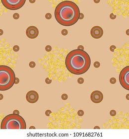 Cup of coffee or tea with dots on background seamless pattern.