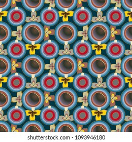 Cup of coffee or tea with dots on background seamless pattern.