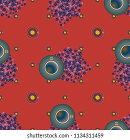 Cup of coffee or tea with dots on background seamless pattern.