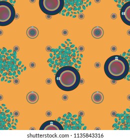 Cup of coffee or tea with dots on background seamless pattern.
