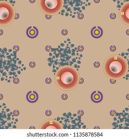 Cup of coffee or tea with dots on background seamless pattern.