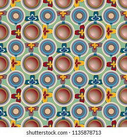 Cup of coffee or tea with dots on background seamless pattern.
