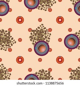 Cup of coffee or tea with dots on background seamless pattern.