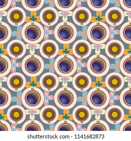 Cup of coffee or tea with dots on background seamless pattern.
