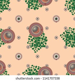 Cup of coffee or tea with dots on background seamless pattern.