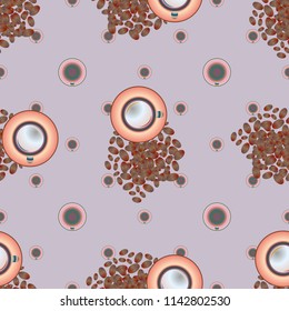 Cup of coffee or tea with dots on background seamless pattern.