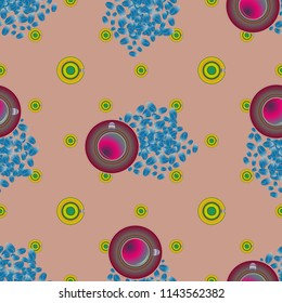 Cup of coffee or tea with dots on background seamless pattern.
