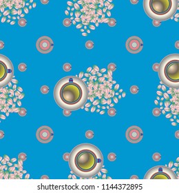 Cup of coffee or tea with dots on background seamless pattern.