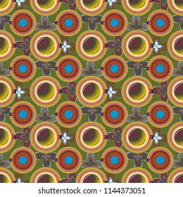 Cup of coffee or tea with dots on background seamless pattern.