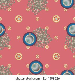 Cup of coffee or tea with dots on background seamless pattern.