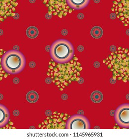 Cup of coffee or tea with dots on background seamless pattern.