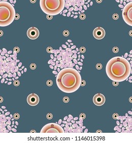 Cup of coffee or tea with dots on background seamless pattern.