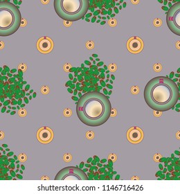 Cup of coffee or tea with dots on background seamless pattern.