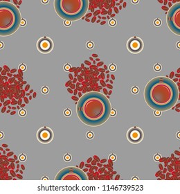 Cup of coffee or tea with dots on background seamless pattern.